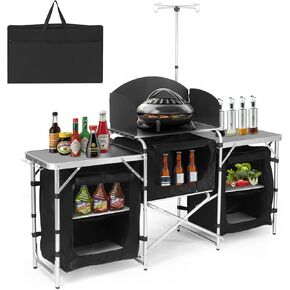 Camping Kitchen Table, Folding Table,Outdoor Cooking Table with Storage Carrying Bag, Aluminum Cook Station with Windscreen and 3 Multifunctional Storage Cupboards, BBQ, Outdoor, RV, Party