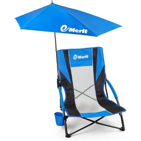 EMERIT Low Beach Chairs for Adults, Sling Beach Chair with Umberalla, Folding Backpack Camping Chair with Cup Holder