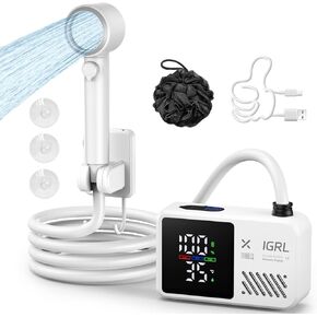 Portable Camping Shower – 7800mAh Rechargeable Shower Pump with Bath Sponge, 4 Spray Modes, IPX8 Waterproof, for Outdoor Shower, Travel, Pet Bathing, Car Wash, and More