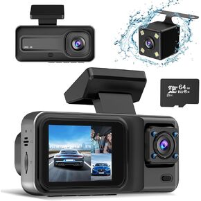 4K 3 قناة DASH CAM مع بطاقة 64 جيجابايت ، 4K+1080P+1440P كاميرا داش الأمامية والخلفية ، كاميرا اندفاعة للسيارات مع ، تسجيل حلقة ، الكشف عن الحركة ، وضع وقوف السيارات 24H ، الرؤية الليلية الفائقة