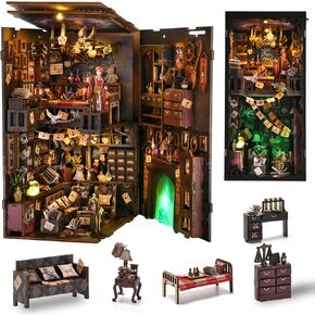 Book Nook Kit, Booknook Kits for Adults and Teens, DIY 3D Wooden Puzzle Bookend Miniature Dollhouse Kit Bookshelf Decor Alley Build Model with LED Light