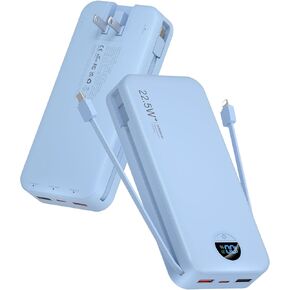 Portable Charger, 12000mAh 22.5W USB C Fast Charging Power Bank with Built-in Cables and AC Wall Plug, Smart LED Display Travel Essentials Battery Pack Compatible with iPhone, iPad, Samsung etc Purple