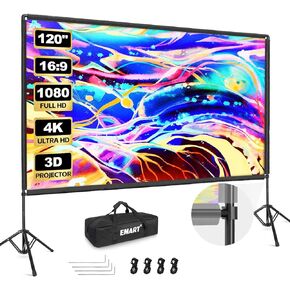 EMART Outdoor Projector Screen with Stand, 120 Inch Portable Indoor 16:9 4K HD Rear Front Movie Screens & Foldable Tripod with Carry Bag for Theater Home Backyard Movies