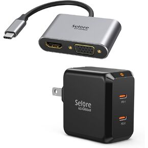 Selore & S-Global USB C إلى محول HDMI/VGA مع 67W USB C Charger PD 3.0 قابلة للطي بلوك الشاحن السريع
