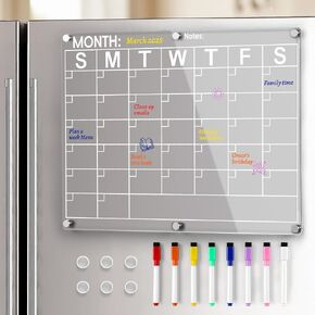 Large Acrylic Magnetic Calendar for Refrigerator, Clear Fridge Calendar with 8 Color Markers, Monthly Planning Board for Business Meetings/Anniversary/Shopping List, Dry Erase Calendar -- 14.5*11.5''