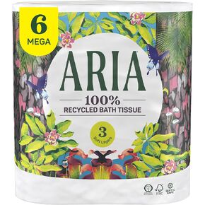 Aria 100% Recycled Toilet Paper, 4 Packs of 6 Rolls, 3 Soft Layers of Bath Tissue with Recyclable Paper Packaging