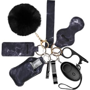Safety Keychain Set for Women, 10 Pcs Keychain Set with Safety Siren, Bottle Opener, Whistle, Pompom, for Women Girls Kids and Seniors (Gray)