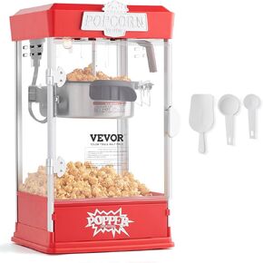 VEVOR Popcorn Maker, 480W Popcorn Popper Machine, 4 Oz Kettle Makes 1.5 Gallon per Batch, Tabletop Popcorn Maker, Includes 3 Scoops, Movie Theater Style, Red