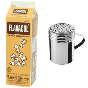 Flavacol Popcorn Season Salt - 1 35oz Carton & Winware Stainless Steel Dredges 10-Ounce with Handle