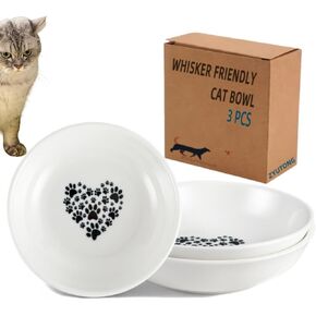 6PCS Whisker Fatigue Ceramic Cat Dishes - 5.5" Shallow Cat Food Bowl, Cute Kitten Plates for Wet Food, Whisker-Friendly, Non-Slip, Wide, White, Heart & Claw Pattern