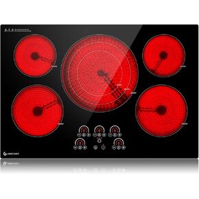 Electric Cooktop 30 Inch,5 Burners Built-in Electric Stove Top,Max 9000W Ceramic Glass Countertop with Touch Control,9 Heating Level,Triple Zone,Safety Lock