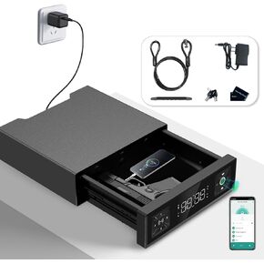Biometric Gun Safe with LED Clock,Quick Entry Gun Safe Boxes that can be unlocked with Fingerprints,Passwords,APP,Cards,Drawer Safe Boxes for Home Nightstands (10-digit keypad code)