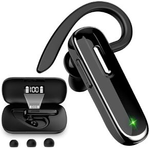 Bluetooth Earpiece with 96H Playtime, Single Ear Wireless Headset with HD Mic, 500mAh Charging Case for Business Calls, Driving (iOS/Android Compatible)