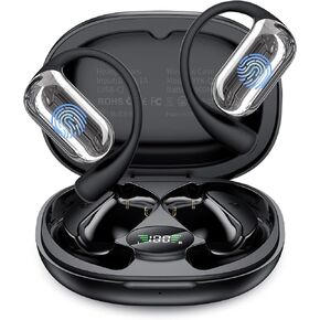 EUQQ Open Ear Bluetooth 5.4 Earbuds, Wireless Headphones Sport Over Earphones Built-in Mic with Ear Hooks 50H Playtime with LED Display Charging Case Ergonomic IPX7 Waterproof for Running Fitness