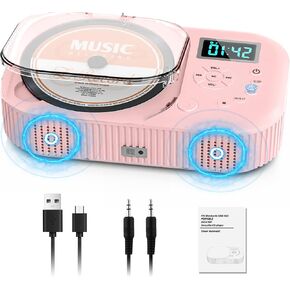 2000mAh CD Player Portable with Bluetooth, CD Player for Home/Car with Remote Control, Dual Speaker,Rechargeable CD Boombox with FM Radio, Anti Skip,Support AUX/USB, Headphone Jack(Pink)