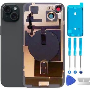 Original 15 Back Glass Replacement & with Plate & Flex Cable and All Parts, Pre-Installed Camera Frame for iPhone 15 + Repair Tools (Black)