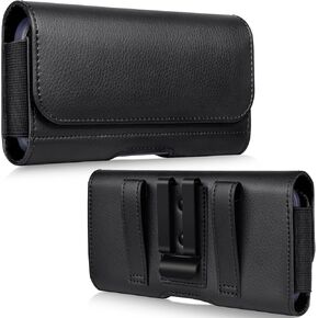 Leather Phone Holster with Strong Metal Belt Clip and Card Holder Compatible with iPhone 16/15/14/13/12 Pro Max and Plus for Everyday Protection, Black