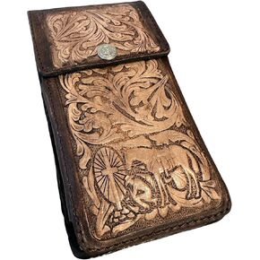 Western Leather Phone Belt Holster Tooled Distressed Leather Cowboy Praying at Cross High End Leather Handmade Cell Phone Case Phone Pouch Tooled High End Case Universal (Brown)