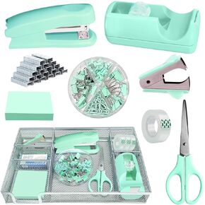 Green Office Desk Accessories, Green Office Supplies Set, Desk Drawer Organizer,Stapler and Tape Dispenser Set,Tape,Staple Remover, Staples, Paper Clips, Scissor and Sticky Note(Green)