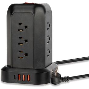 12-Jack Surge Protector Power Tower with 3 USB & Type-C Ports, 1625W, Lightning & Overload Protection for Home and Office