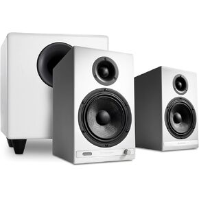 Audioengine HD6 White Powered Bookshelf Stereo Speakers and S8 White Subwoofer Bundle with Remote
