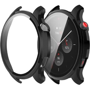 Protector Case Compatible with Amazfit GTR 4 Screen Protector,Hard PC Temper Glass Protective Watch Case Cover Ultra-Thin Full Cover Shock-Proof Bumper Shell for Amazfit GTR 4 Watch,Black+Black
