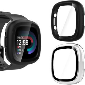 2 Pack Hard PC Case with Screen Protector Compatible with Fitbit Sense 2 /Versa 4, All-Round Protective Slim Tempered Glass Protective Cover Bumper - Clear+Black
