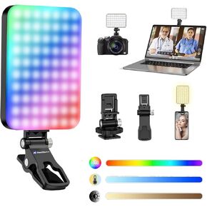 RGB Selfie Light, 96 LED 2200mAh Rechargeable, Cold Shoe Mount as Camera Light, Portable Front & Back Phone Clip for TikTok, Video Conference Light for Laptop