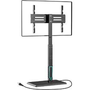 Wali Floor TV حامل مع منفذ كهربائي ، وقفص تلفزيوني طويل القامة لأجهزة تلفزيون من 32-75 بوصة يصل إلى 110 رطلاً ، وقوائم تلفزيونية قابلة للتعديل مع قاعدة خشبية لغرفة النوم ، المكتب (TVDVD-7PW) ، وايت