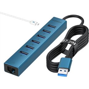 7 Ports USB 3.0 Hub, USB to Network HUB with 3.9ft Long Cable for Laptop, USB Splitter with Gigabit Ethernet Port and 5V/3A Power Port, MultiPort Aluminum Expander for Laptop, iMac, PC, Flash Drives