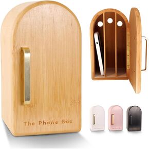 The Phone Box, Phone Holder, Decorative for The Home, Holds 6 Phones, for Family Time, Made from Bamboo Wood, Charging Holes, Free App (Wood)