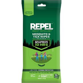 Repel Insect Repellent Mosquito & Tick Wipes 12% Picaridin, Repels Mosquitoes and Ticks for Up to 10 Hours in A Convenient Travel Wipe for Whole-Family Mosquito and Tick Protection,15 Count, 3 Ounces