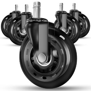Office Chair Wheels Set of 5 - Smooth 3 inch Heavy-Duty Replacement Rubber Caster Wheels for Gaming & Desk Chair - Easy to Install, Suitable for Hardwood Floors, Carpet, Tiles, Carpet (Black)