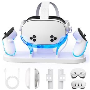 YOGES Charging Dock for Meta Quest 3 & 3S, 2-in-1 Fast Charging Station with 2 Rechargeable Batteries, VR Heatset Charging Stand Dock for Oculus Quest 3 / 3S Accessories