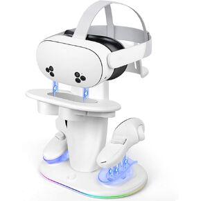 HURRA Charging Dock Compatible with Meta Quest 3S/3/2/Pro, RGB Fast Charging Vertical Stand for Headset & Controllers, with 2 Rechargeable Batteries, USB-C Charger & Cable