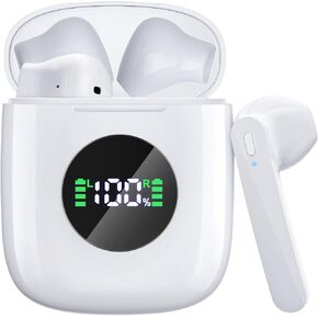 Ear Buds Bluetooth Headphones 50H Playtime Wireless Earbuds with Wireless Charging Case Dual LED Display Bluetooth earbuds Deep Bass Stereo in Ear Headphones for Smartphone Laptop Sports Workout White