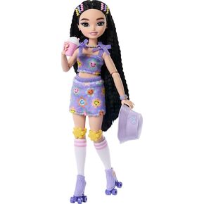 Barbie Dream Besties Doll and Accessories, Renee Posable Roller Skating Fashion Doll with Black Hair, 12 Video & Food Themed Pieces