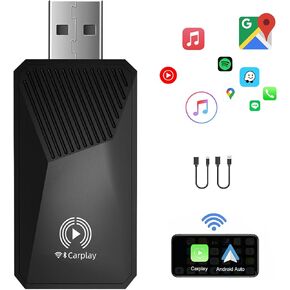 The Wireless CarPlay Adapter and Android Auto Magic Adapter for Cars with Wired CarPlay, Streams Support Music, maps, Calls, etc（not Support Video） with USB-C Adapter,Stable Control & No Delay