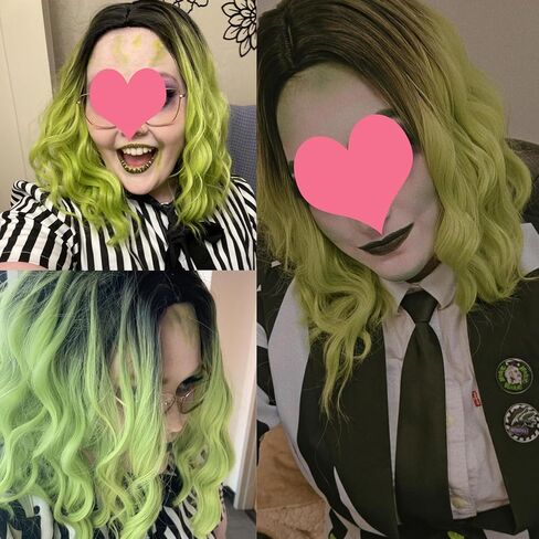 Aicos Short Green Ombre Black Curly Wig for Kids Green Bob Wig with Ghost Claw Hairpin for Halloween Cosplay Costume Wig in Kuwait