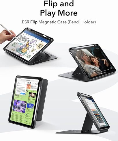 ESR for iPad Air 11 Inch Case M3/M2 (2025/2024), iPad Air 5th/4th Gen (2022/2020), Vertical Stand Cover, Multi Stand Angles, Ultra-Stable Case with Pencil Holder, Flip Series, Black in Saudi Arabia