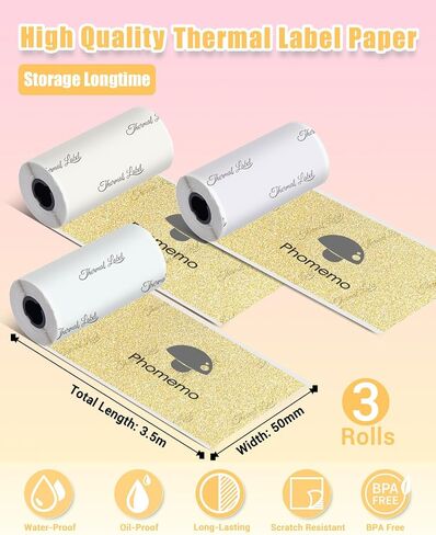 Phomemo Printer White Adhesive Thermal Sticker Paper, 50mm x 3.5m Compatible With Phomemo Q02/T02/M832/M02/M02 Pro/M02S/M04S Thermal Printer, Black on White, Keep for 2 Years, 3 Rolls in Saudi Arabia