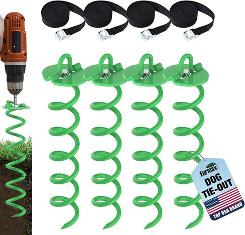 Eurmax USA 4-Pc Pack Spiral Stakes Heavy Duty Anchor Kit Ice Screw Anchor for Trampoline, Tents, tarps, Canopies,car Ports,Dog tie Out and etc Bonus Tie Down Straps 4-Pc Pack (Green) in Saudi Arabia