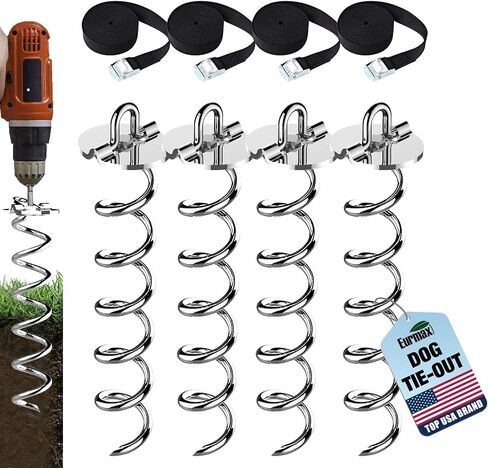 Eurmax USA 4-Pc Pack Spiral Stakes Heavy Duty Anchor Kit Ice Screw Anchor for Trampoline, Tents, tarps, Canopies,car Ports,Dog tie Out and etc Bonus Tie Down Straps 4-Pc Pack (Green) in Saudi Arabia