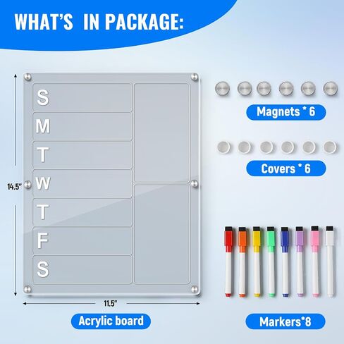 Large Acrylic Magnetic Calendar for Refrigerator, Clear Fridge Calendar with 8 Color Markers, Monthly Planning Board for Business Meetings/Anniversary/Shopping List, Dry Erase Calendar -- 14.5*11.5'' in Kuwait