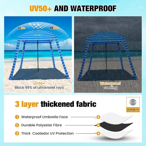 HOMEDEMO Beach Cabana UPF 50+, 6'×6' Beach Canopy, Easy Set up and Take Down, Cool Cabana Beach Tent with Sand Pockets, Side Wall Beach Shade Canopy Wind Waterproof for Kids, Family & Friends in Kuwait