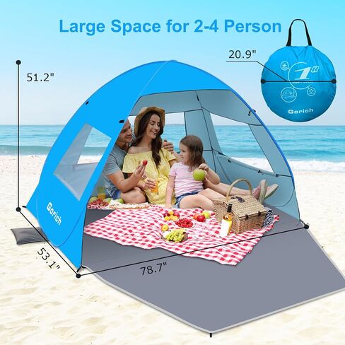 Gorich Easy Pop Up Beach Tent for 3-4 Person, UPF 50+ UV Protection Beach Umbrella Sun Shelter, Portable Lightweight Shade with Easy Foldable & Instant Setup in Saudi Arabia