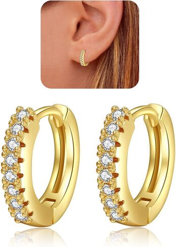 أقراط مكعبة Zirconia Huggie Hoop للنساء ، أقراط صغيرة صغيرة صغيرة ، أقراط غضروف من الذهب الأبيض 14K (الفضة ، CZ) in Kuwait