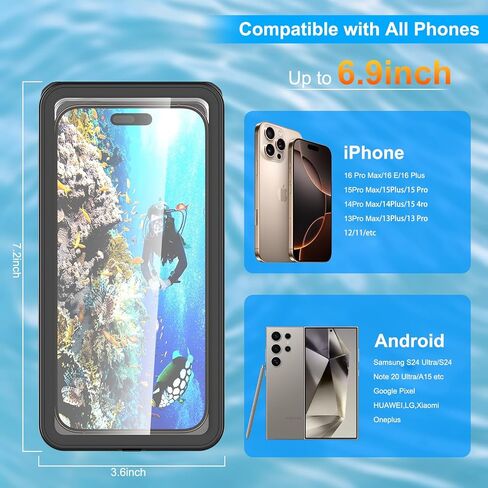 Waterproof Phone Case, 6.9 inch Diving Underwater Phone Cases for Snorkeling Swimming with Lanyard for iPhone 16/15/14/13/12 Pro Max for Samsung S24/S23/S22/Google/Moto, LakeGreen in Kuwait