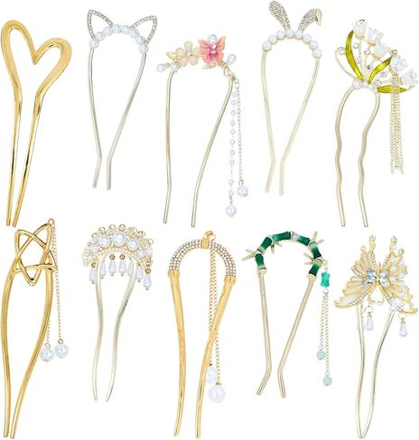 Lawie 10 Pieces Fancy Cute Flower Star Butterfly U Shaped Gold Metal Hair Fork Pins Curved Chopsticks for Hair Sticks French Hair Pins Bun Decorative Hair Accessories for Women Girls (Gold Colors A) in Saudi Arabia