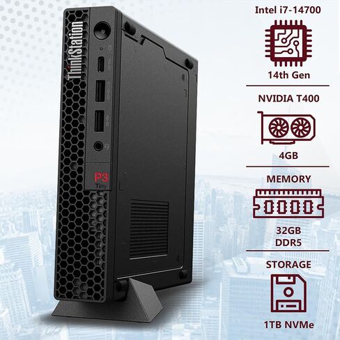 Lenovo ThinkStation P3 Tiny Intel i7-14700, 32GB DDR5, 1TB NVMe, T400 4GB Graphics, WiFi 6E + BT, RJ-45, 3X miniDP, DP Port, HDMI (5 Monitor Max), Win 11 Pro, 3YR, Business Desktop in Kuwait
